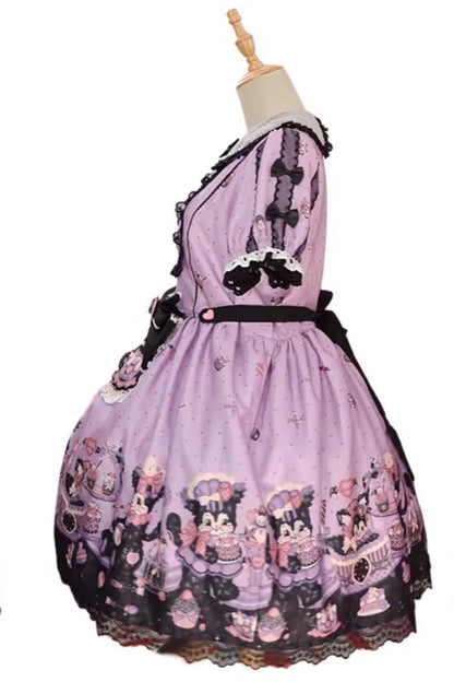 One-Piece Lolita Dress - Devil Cat, Purple, Plus Size, Ruffled, Printed - additional product view 4