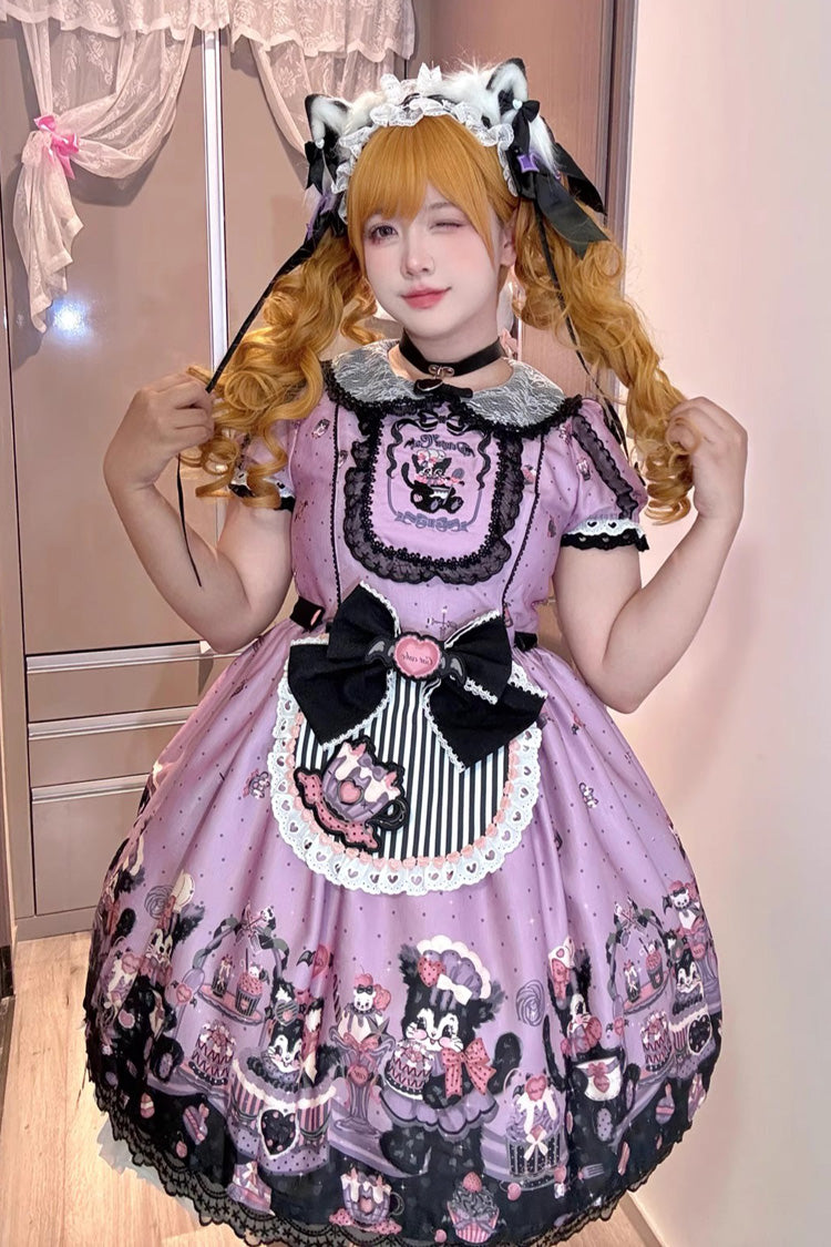 One-Piece Lolita Dress - Devil Cat, Purple, Plus Size, Ruffled, Printed - additional product view 7