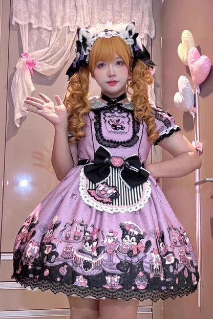 One-Piece Lolita Dress - Devil Cat, Purple, Plus Size, Ruffled, Printed - main product image