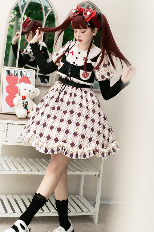 One-Piece Lolita Dress - Doll Collar Bubble, Pink, Plaid, Ruffled, Printed - additional product view 2