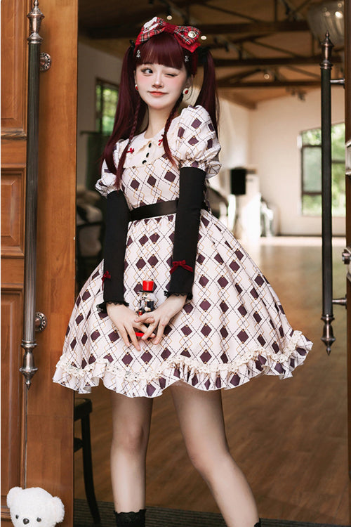 One-Piece Lolita Dress - Doll Collar Bubble, Pink, Plaid, Ruffled, Printed - additional product view 3