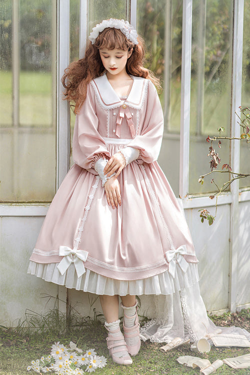 One-Piece Lolita Dress - Doll Collar Lantern Sleeves High, 2 Colors, Sweet Style - S Pink / M Pink / L Pink option