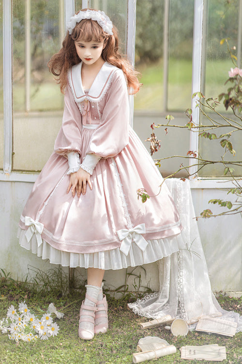 One-Piece Lolita Dress - Doll Collar, Pink, High Waist, Ruffled, Long Sleeves - additional product view 2
