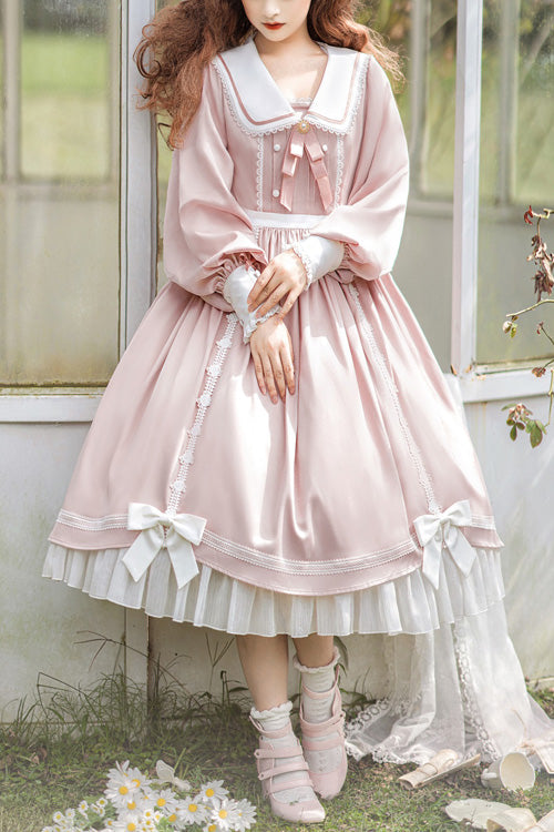 One-Piece Lolita Dress - Doll Collar, Pink, High Waist, Ruffled, Long Sleeves - main product image