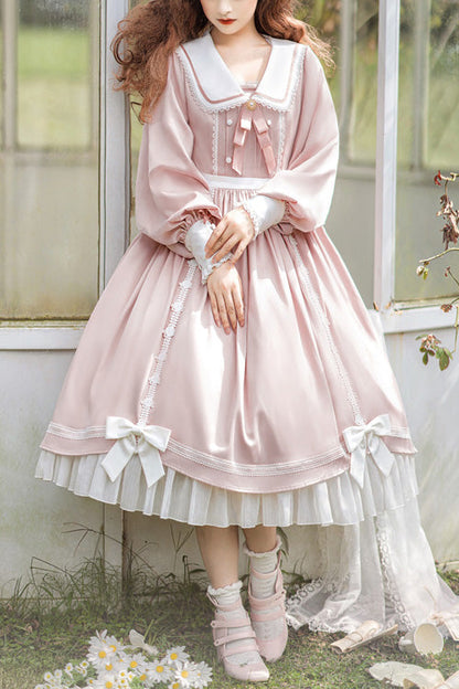 One-Piece Lolita Dress - Doll Collar, Pink, High Waist, Ruffled, Long Sleeves - main product image