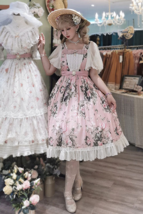 One-Piece Lolita Dress - Elegant Vintage French Rose, Pink, Square Collar, Printed - additional product view 2