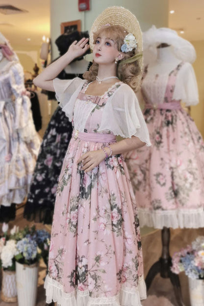 One-Piece Lolita Dress - Elegant Vintage French Rose, Pink, Square Collar, Printed - additional product view 3
