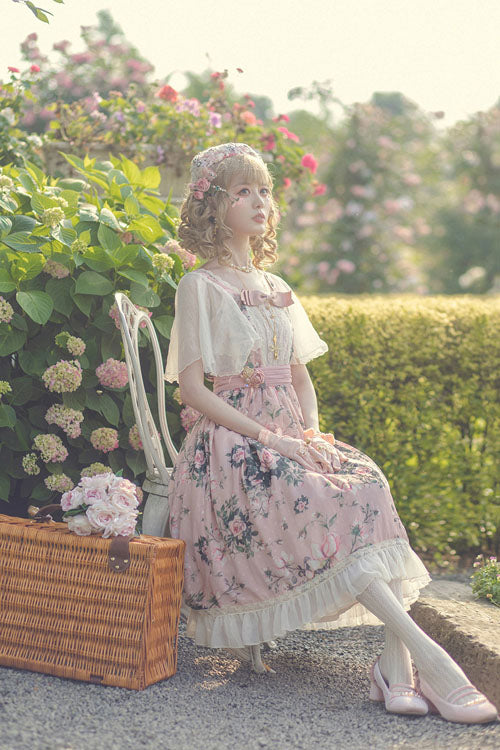 One-Piece Lolita Dress - Elegant Vintage French Rose, Pink, Square Collar, Printed - additional product view 4