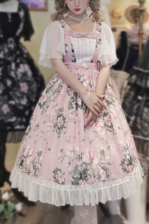 One-Piece Lolita Dress - Elegant Vintage French Rose, Pink, Square Collar, Printed - main product image
