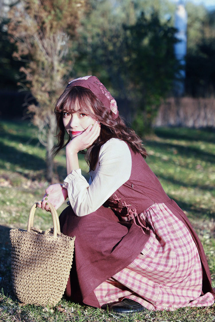 One-Piece Lolita Dress - French, Brown, Plaid, Long Sleeves, Sweet Style - additional product view 2