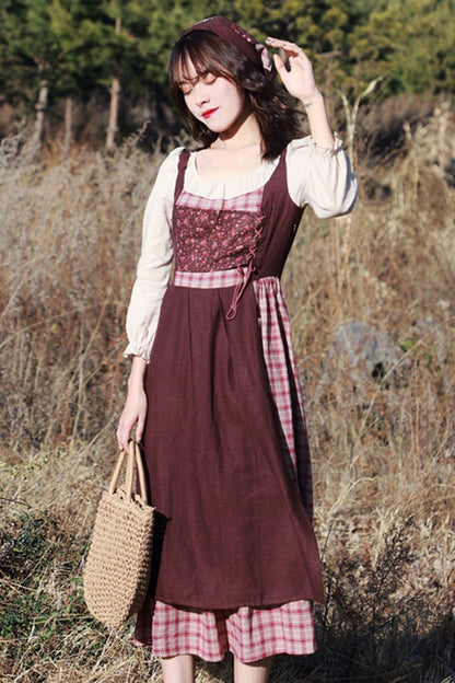 One-Piece Lolita Dress - French, Brown, Plaid, Long Sleeves, Sweet Style - additional product view 3