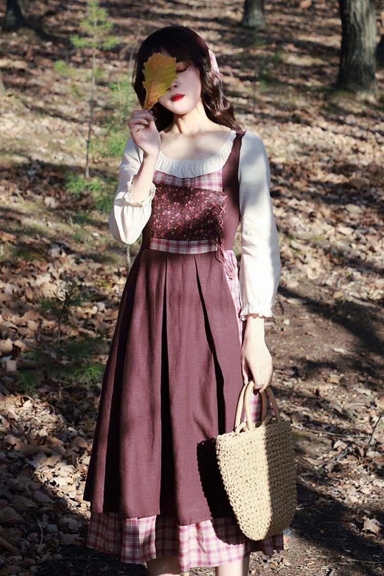 One-Piece Lolita Dress - French, Brown, Plaid, Long Sleeves, Sweet Style - additional product view 4