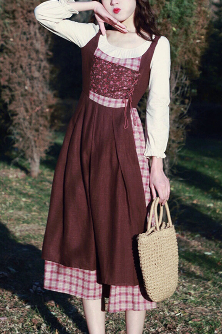 One-Piece Lolita Dress - French, Brown, Plaid, Long Sleeves, Sweet Style - main product image