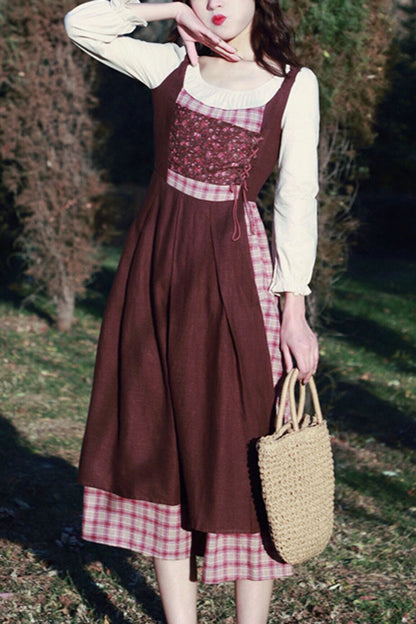 One-Piece Lolita Dress - French, Brown, Plaid, Long Sleeves, Sweet Style - main product image