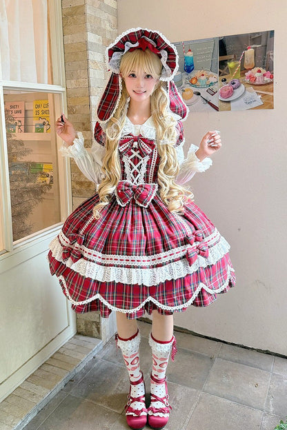 One-Piece Lolita Dress - Gingham Petal Bunny, Red, Sweet Style, Bow Detail, Ruffled - additional product view 2