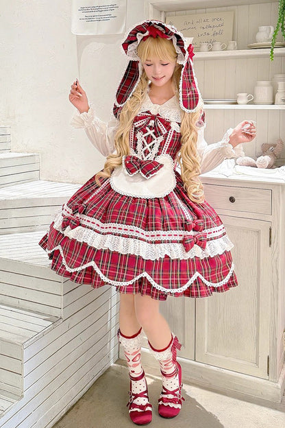 One-Piece Lolita Dress - Gingham Petal Bunny, Red, Sweet Style, Bow Detail, Ruffled - additional product view 3