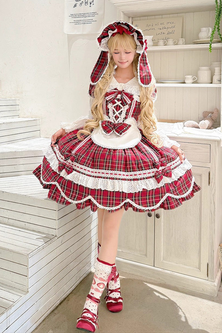 One-Piece Lolita Dress - Gingham Petal Bunny, Red, Sweet Style, Bow Detail, Ruffled - additional product view 4