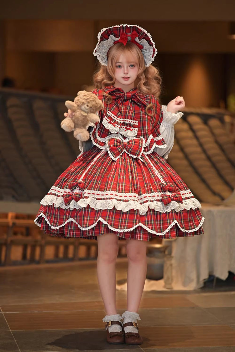 One-Piece Lolita Dress - Gingham Petal Bunny, Red, Sweet Style, Bow Detail, Ruffled - additional product view 5