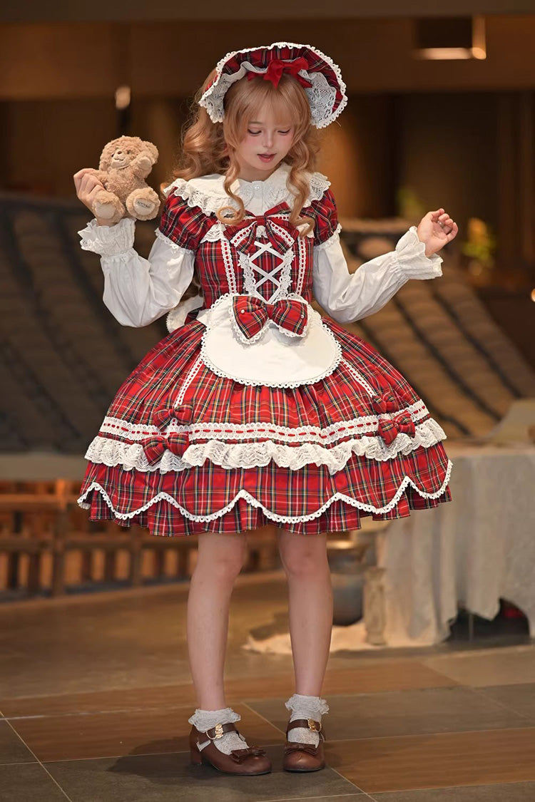 One-Piece Lolita Dress - Gingham Petal Bunny, Red, Sweet Style, Bow Detail, Ruffled - additional product view 6