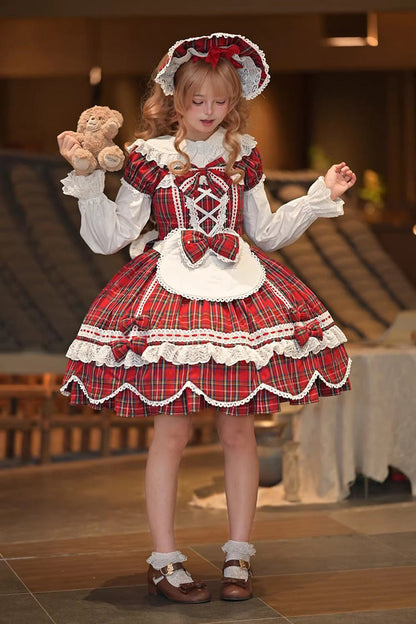 One-Piece Lolita Dress - Gingham Petal Bunny, Red, Sweet Style, Bow Detail, Ruffled - additional product view 6