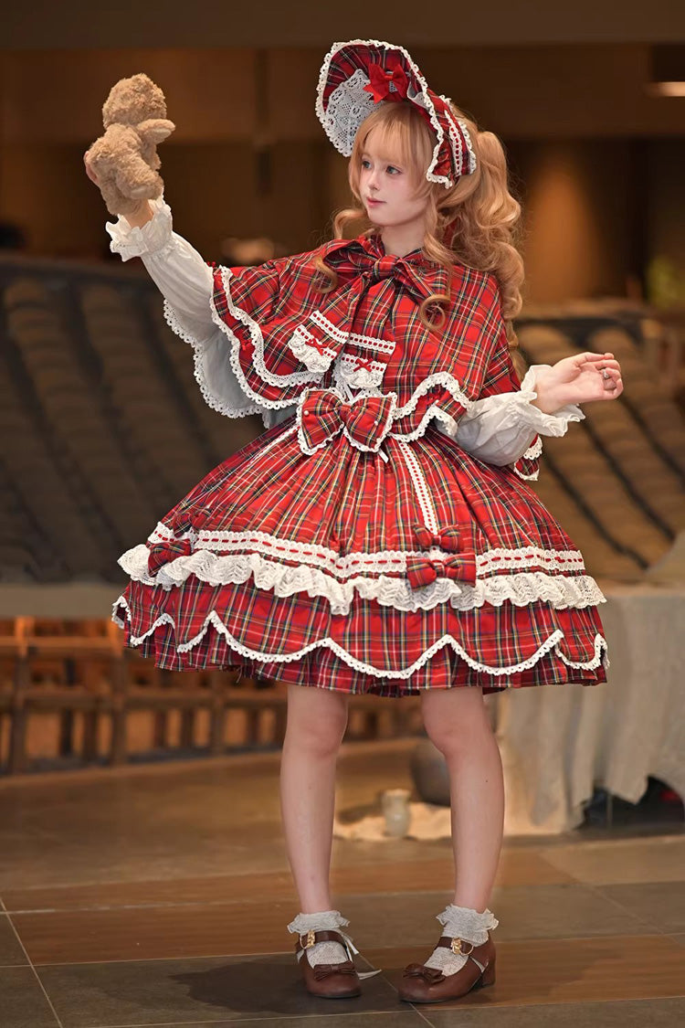 One-Piece Lolita Dress - Gingham Petal Bunny, Red, Sweet Style, Bow Detail, Ruffled - additional product view 7