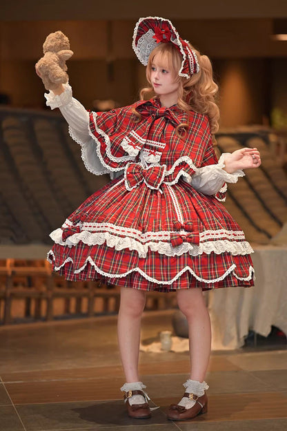 One-Piece Lolita Dress - Gingham Petal Bunny, Red, Sweet Style, Bow Detail, Ruffled - additional product view 7