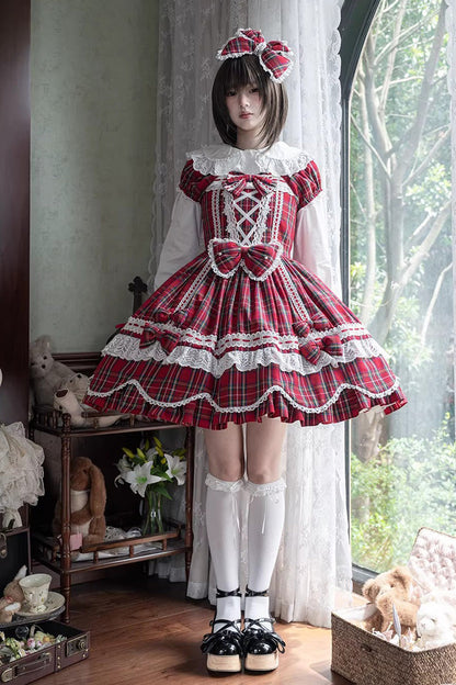 One-Piece Lolita Dress - Gingham Petal Bunny, Red, Sweet Style, Bow Detail, Ruffled - additional product view 9