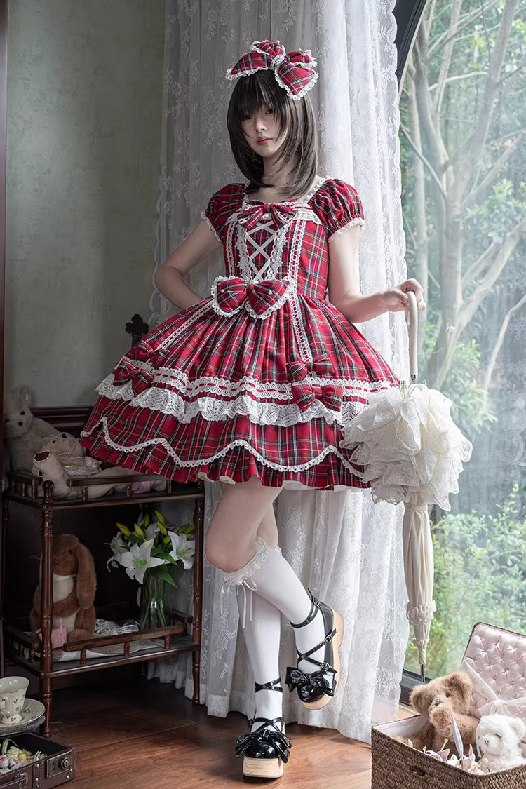 One-Piece Lolita Dress - Gingham Petal Bunny, Red, Sweet Style, Bow Detail, Ruffled - additional product view 10