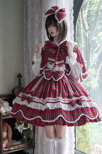 One-Piece Lolita Dress - Gingham Petal Bunny, Red, Sweet Style, Bow Detail, Ruffled - additional product view 11