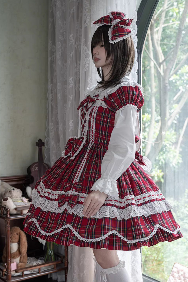 One-Piece Lolita Dress - Gingham Petal Bunny, Red, Sweet Style, Bow Detail, Ruffled - additional product view 12