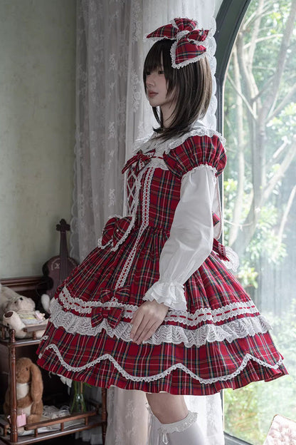 One-Piece Lolita Dress - Gingham Petal Bunny, Red, Sweet Style, Bow Detail, Ruffled - additional product view 12