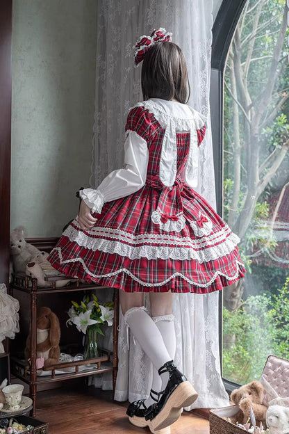 One-Piece Lolita Dress - Gingham Petal Bunny, Red, Sweet Style, Bow Detail, Ruffled - additional product view 14