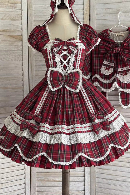 One-Piece Lolita Dress - Gingham Petal Bunny, Red, Sweet Style, Bow Detail, Ruffled - additional product view 15