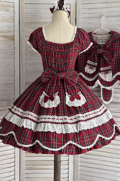 One-Piece Lolita Dress - Gingham Petal Bunny, Red, Sweet Style, Bow Detail, Ruffled - additional product view 17