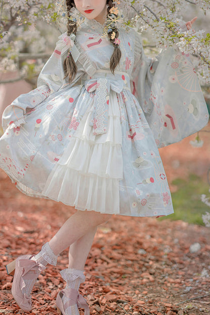 One-Piece Lolita Dress - Japanese Trumpet Sleeves, 2 Colors, Sweet Style, Lace Trim - main product image
