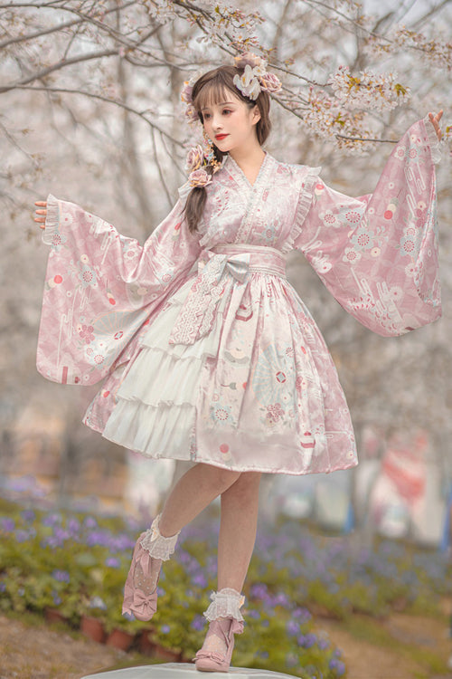 One-Piece Lolita Dress - Japanese Trumpet Sleeves, 2 Colors, Sweet Style, Lace Trim - S Pink / M Pink / L Pink option