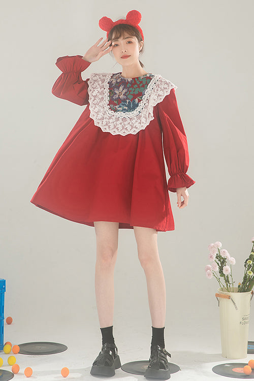 One-Piece Lolita Dress - Lace Panel Round Collar, Red, High Waist, Sweet Style, Lace Trim - additional product view 2