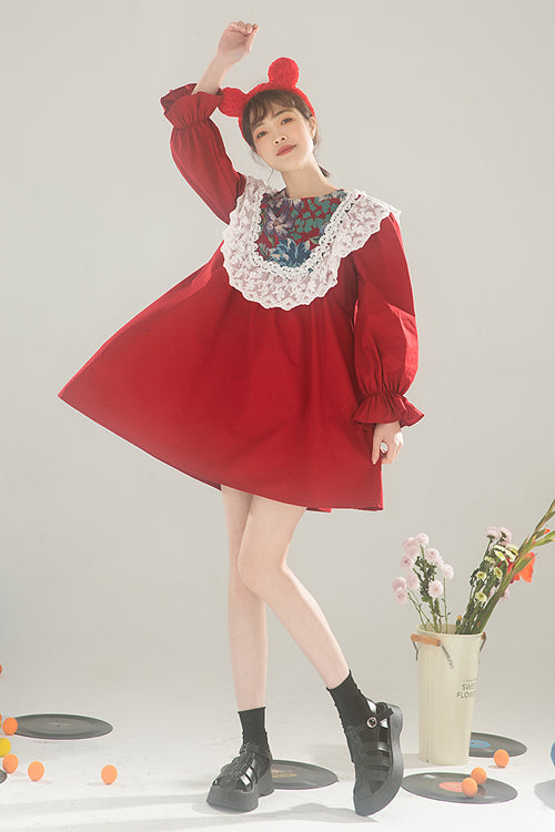 One-Piece Lolita Dress - Lace Panel Round Collar, Red, High Waist, Sweet Style, Lace Trim - additional product view 3