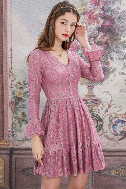 One-Piece Lolita Dress - Lace V Collar Pleated, Pink, Pleated, High Waist, Lace Trim - additional product view 2