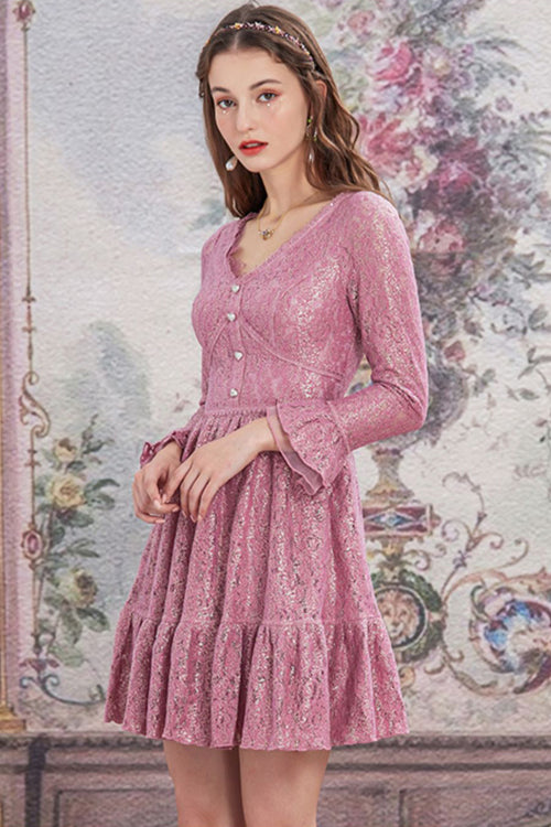 One-Piece Lolita Dress - Lace V Collar Pleated, Pink, Pleated, High Waist, Lace Trim - additional product view 3