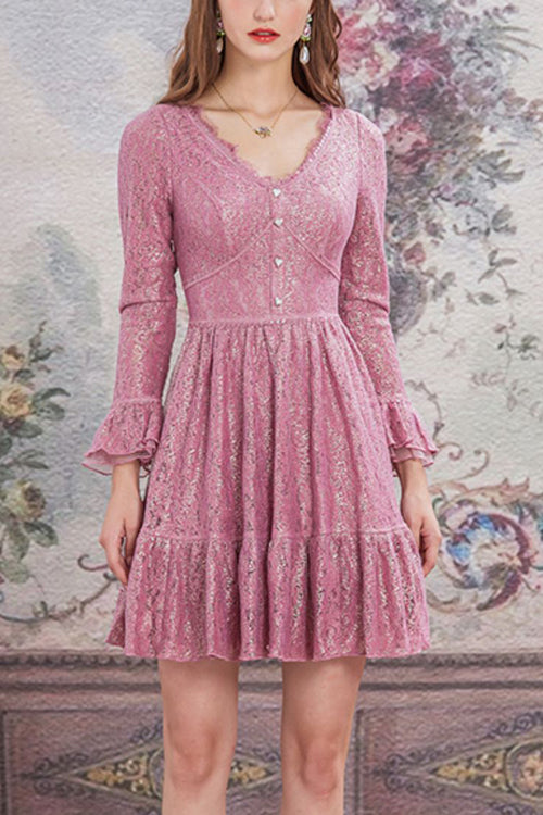 One-Piece Lolita Dress - Lace V Collar Pleated, Pink, Pleated, High Waist, Lace Trim - main product image