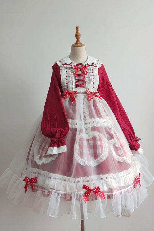 One-Piece Lolita Dress - Lapel Collar Bowknot Love, 2 Colors, Long Sleeves, Sweet Style - S Red / M Red / L Red option