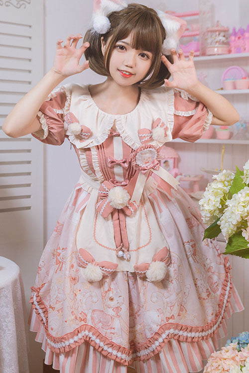 One-Piece Lolita Dress - Light Pink Cat Print Square, Pink, Square Collar, Ruffled - additional product view 2