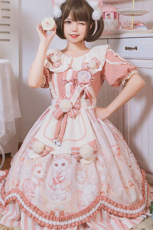 One-Piece Lolita Dress - Light Pink Cat Print Square, Pink, Square Collar, Ruffled - additional product view 3