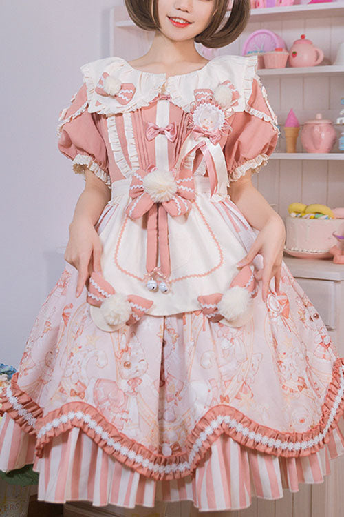 One-Piece Lolita Dress - Light Pink Cat Print Square, Pink, Square Collar, Ruffled - main product image