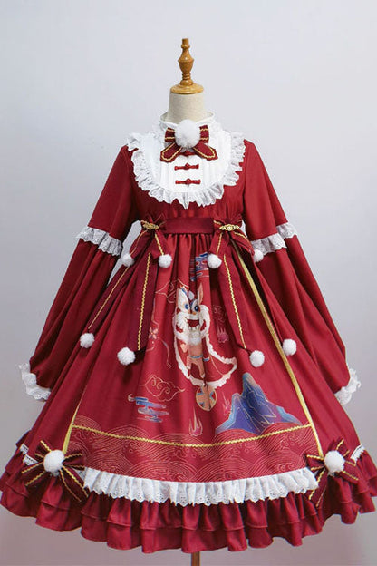 One-Piece Lolita Dress - Lion Stepping On Hydrangea Print, Red, Printed, Long Sleeves - additional product view 2
