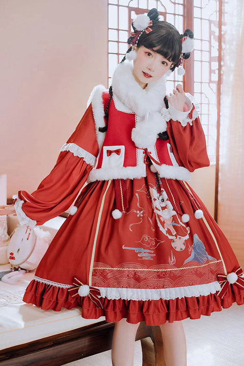 One-Piece Lolita Dress - Lion Stepping On Hydrangea Print, Red, Printed, Long Sleeves - additional product view 3