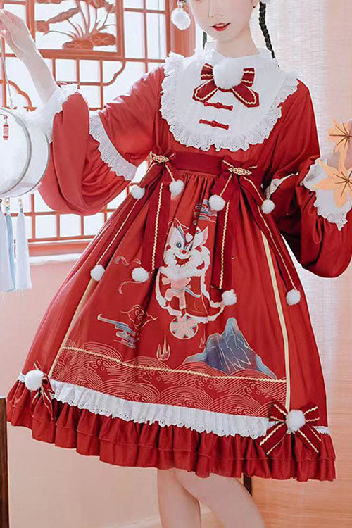 One-Piece Lolita Dress - Lion Stepping On Hydrangea Print, Red, Printed, Long Sleeves - main product image