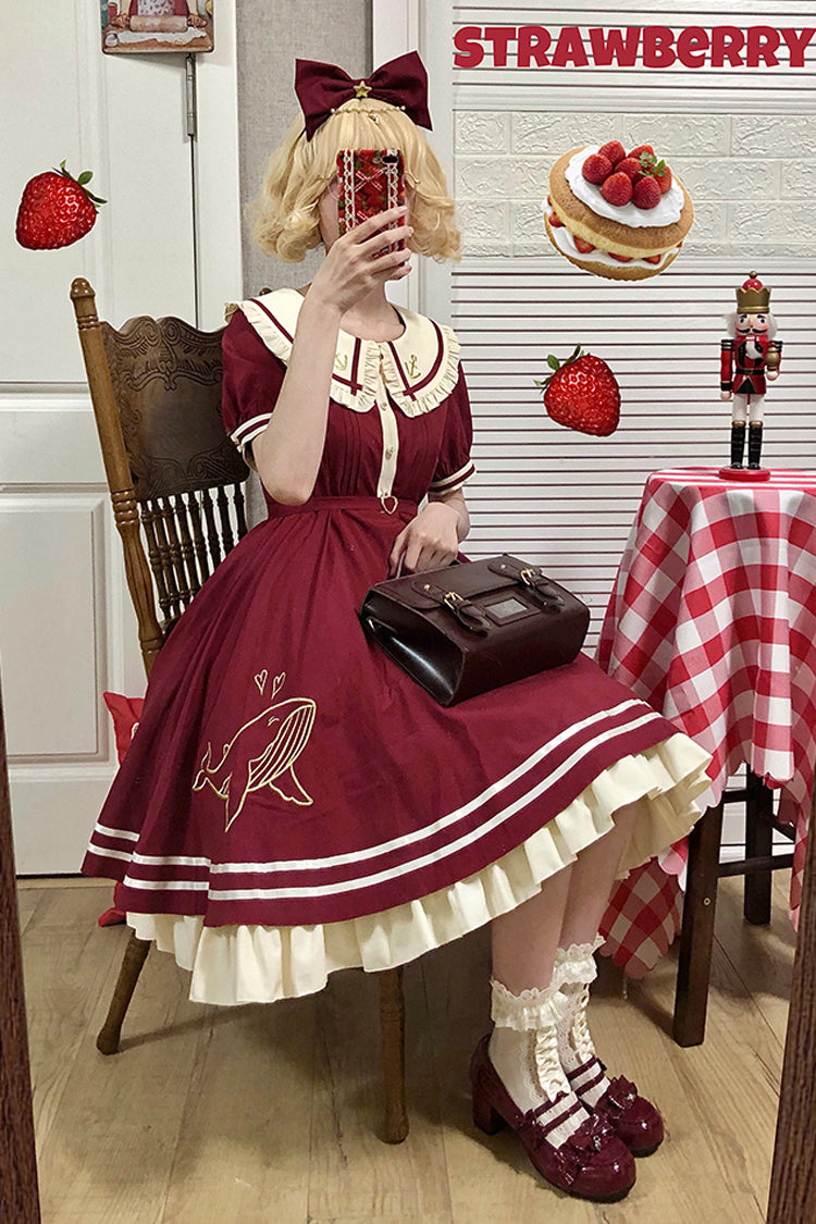 One-Piece Lolita Dress - Little Sea Whale Navy Sailor, 3 Colors, Bow Detail, Sweet Style - additional product view 4