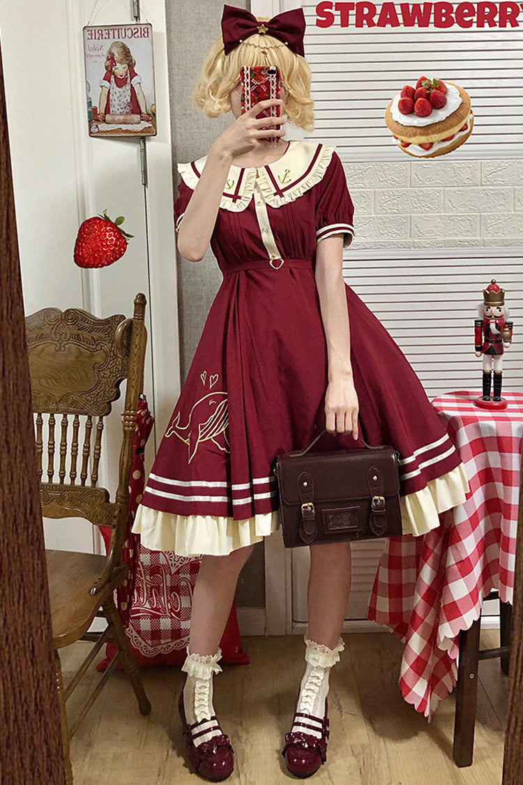 One-Piece Lolita Dress - Little Sea Whale Navy Sailor, 3 Colors, Bow Detail, Sweet Style - additional product view 5